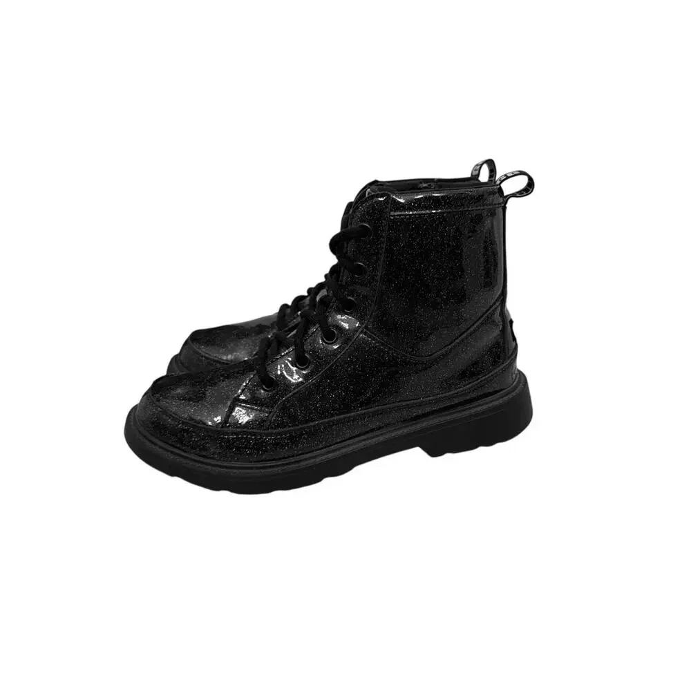 UGG Shoes Ashton Black Patent Glitter Lace Up Comat Moto Boots Size Youth 5